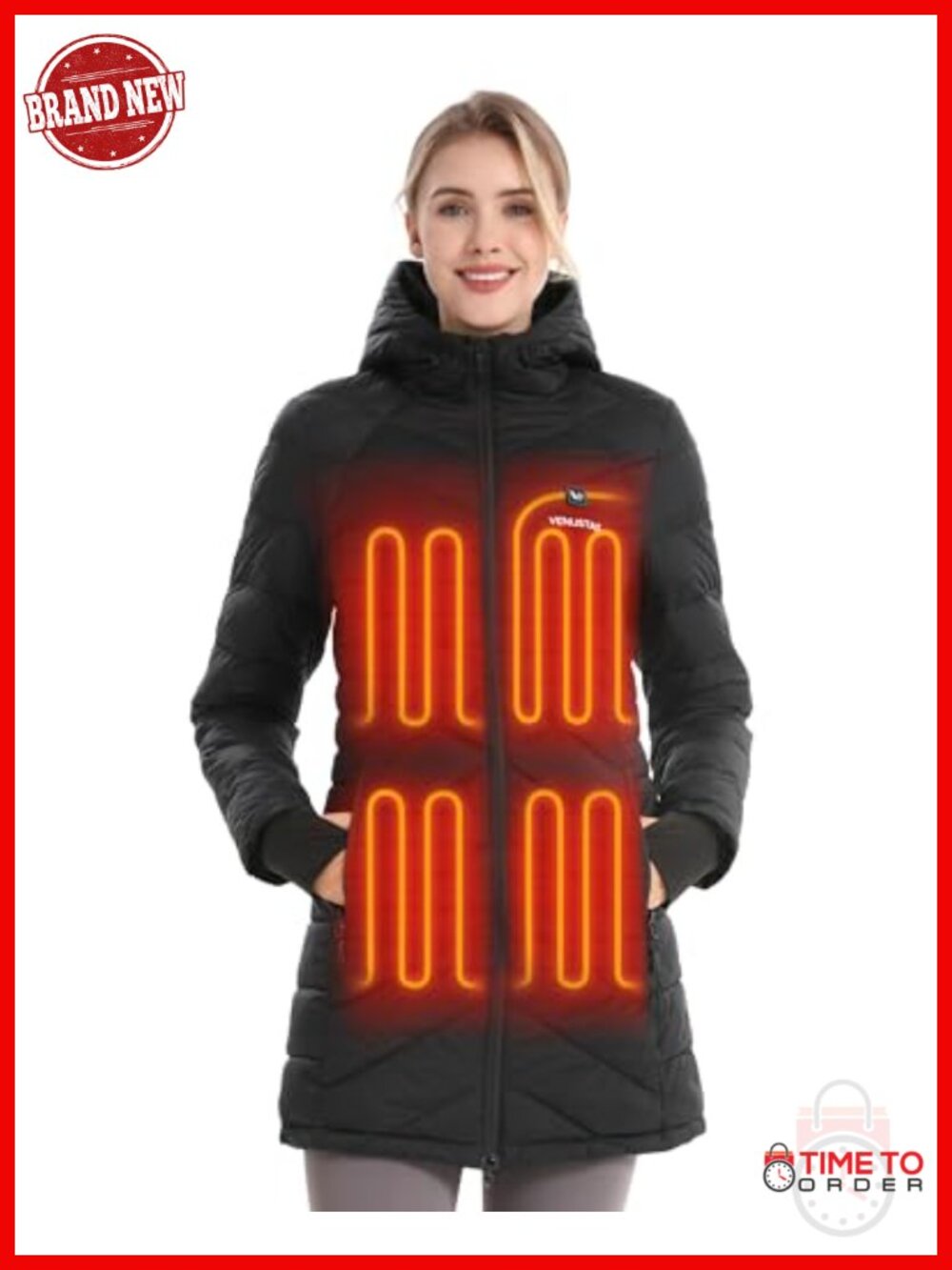 Women's Long Heated Puffer Jacket with Battery, Recycled Polyester, 5 Heating